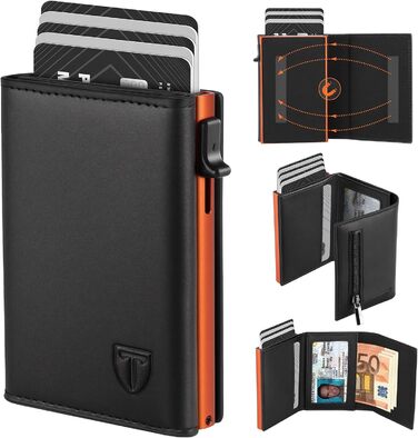 Чоловічий гаманець TEEHON з RFID захистом, відділенням для монет, 7 відділень для карток та ID-вікном, шкіряний, чорно-помаранчевий