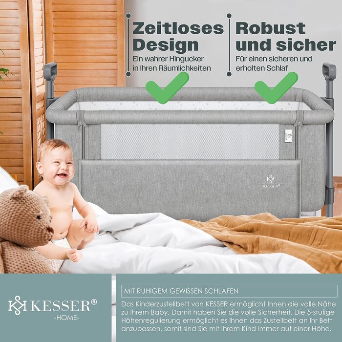 KESSER® Hubi 3in1 Bedside Bed, Travel Bed, Baby Bed with Soft Mattress, Mobile Bed, 5-Level Height Adjustment, Foldable Side Rail for Home and On the Go, Light Grey