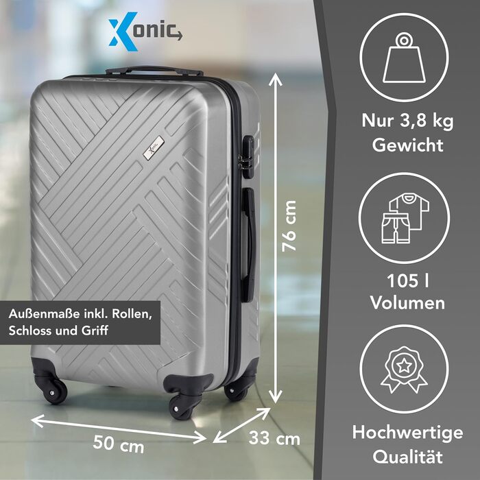 Валіза Xonic Design Reisekoffer: ABS, 360° колеса, кодовий замок, L/XL, інтегрований зелений/срібний колір