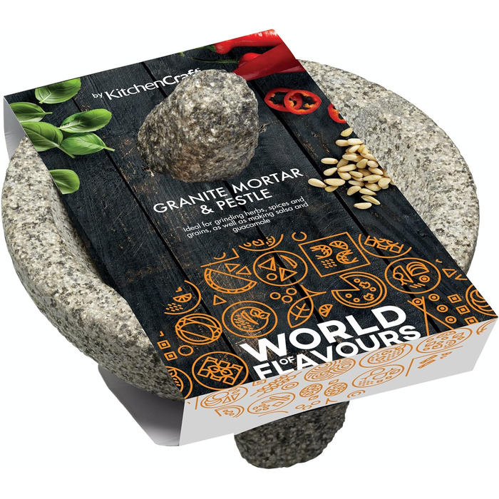Мексиканський молькахете KitchenCraft World of Flavours, набір ступка та товкач, граніт, 20 см, сірий