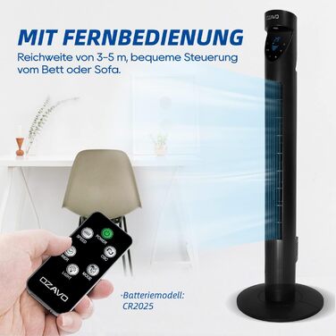Вентилятор Tower з пультом, LED-дисплеєм та таймером, 3 режими, 70° осциляція, 50 Вт, 97.5 см, Чорний