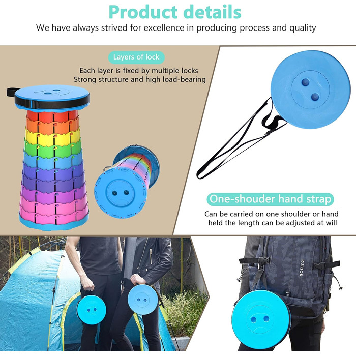 Складаний туристичний стільчик-табурет, 440lbs, з сумкою, для кемпінгу, риболовлі, подорожей, барбекю (Райдужний)