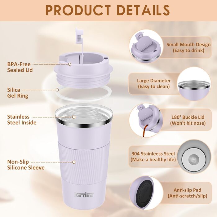 Термокружка KETIEE 510мл, з подвійними стінками, для кави та чаю, зелений колір