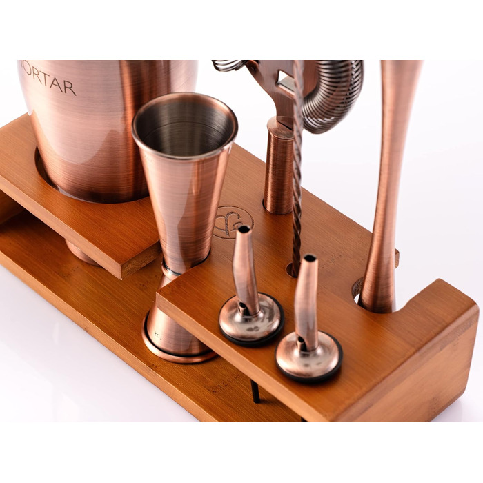Набір для коктейлів Mint&Mortar 7 предметів з бамбуковим підставкою, з нержавіючої сталі, міксологія, барменський набір з барними інструментами для дому та професійного використання, ідеальний для Мартіні/Маргарити, 680 мл, міксер (Чорний) (Шліфоване мідь