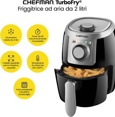 Фритюрниця Chefman 2L Mini – компактна, чорна, з антипригарним кошиком, цифровим таймером та індикатором струсу