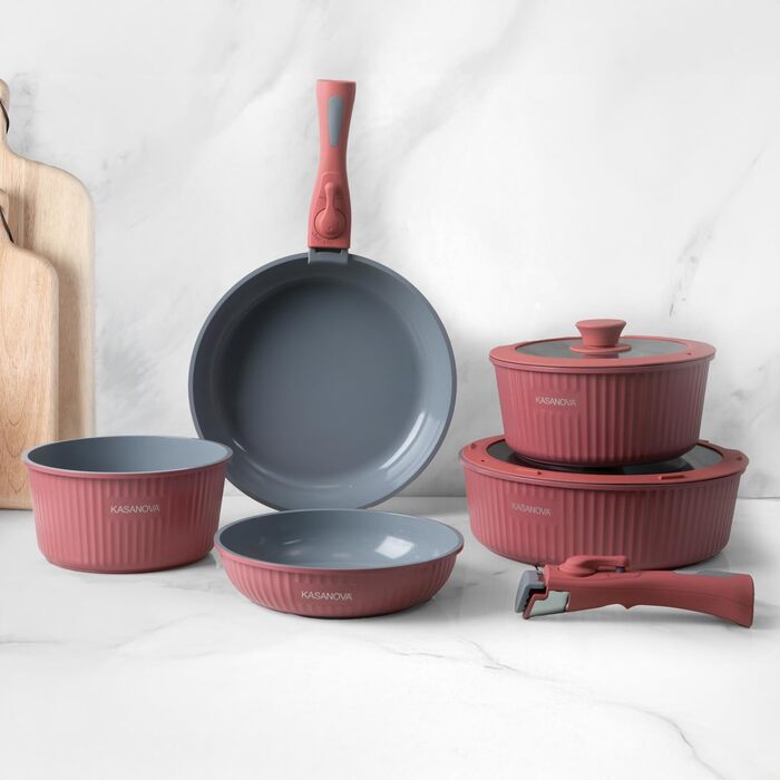 Набір каструль Kasanova Eaziclip 9 шт. з керамічним покриттям, індукційні, знімні ручки, антипригарні, рожевий