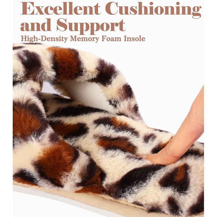 Тапочки халатні жіночі Ankis з плюшу, з перехресними ремінцями, зимові, теплі, з пам'яттю ефекту, з відкритим носком, пухнасті, для дому та вулиці (білі, чорні, сірі, верблюжі), розмір 38/39 EU, з принтом леопарда