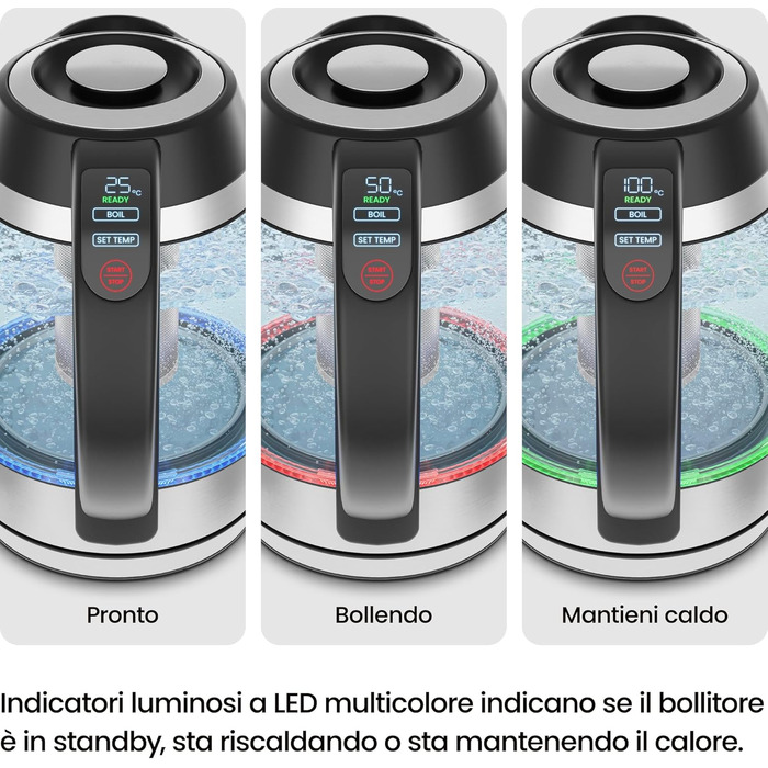 Електричний чайник Chefman 1.8L з нержавіючої сталі, автоматичне вимкнення, захист від перегріву, скло Borosilikat, функція підігріву