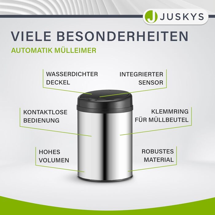 Відро для сміття Juskys з датчиком руху, 30 л, сріблястого кольору. Нержавіюча сталь, контактне відкриття, Klemmring для пакетів.