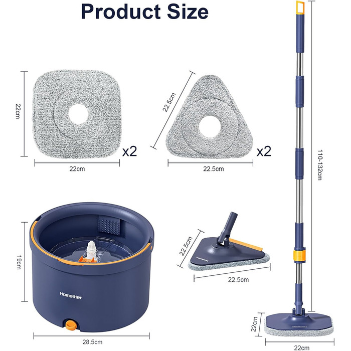 Набір для миття підлоги та вікон Wischmopp з відром, 2-в-1, 132 см, система з 2 камер, 4 мікрофібрових насадки