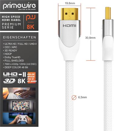 HDMI кабель 2.1 8K (3,0м) - білий, підтримка 8K@60Hz, 4K@120Hz, HDR, ARC, PS4, PS5, Xbox, Blu-Ray