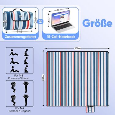 Килимок для пікніка Sekey 200x200 см, вологостійкий, пісконепроникний, для пляжу, кемпінгу, відпочинку на природі, блакитно-біло-бежевий в заначку