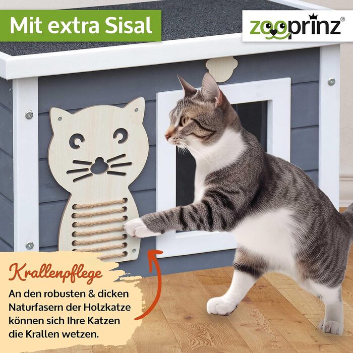 Преміум котячий будиночок Zooprinz з дерева – котяча кістка з дахом, що відкривається, вікном та створками – сизаль на котячому боксі – стійкий до погодних умов для саду/балкону – внутрішній та зовнішній притулок (сірий-білий, стандарт)