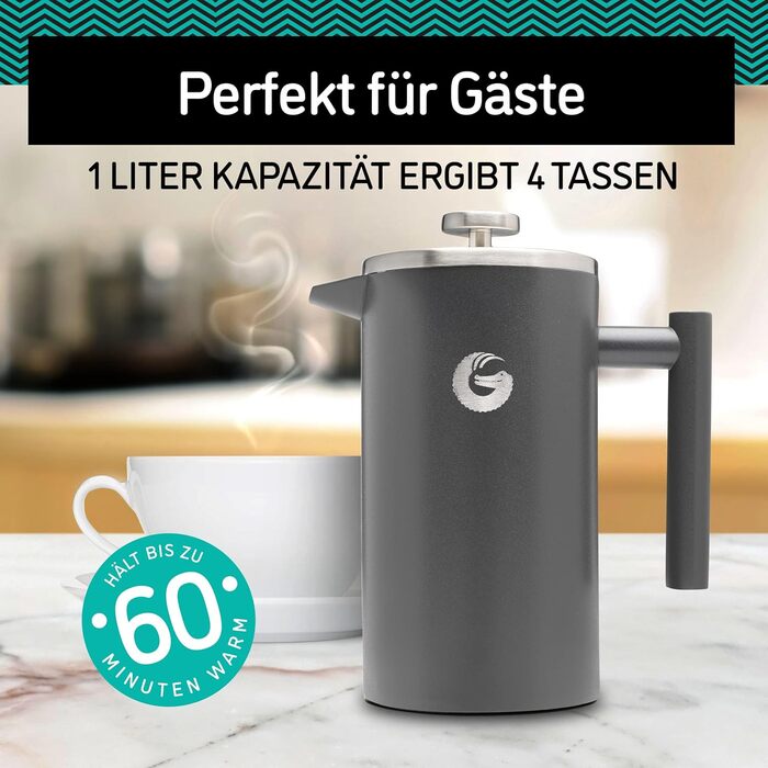 Coffee Gator French Press Coffee Maker - Stainless Steel Thermo Coffee Pot for Longer Hot Coffee - 1 Liter – Grey - Includes Travel Coffee Canister