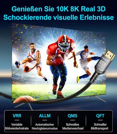 HDMI 2.1 кабель Snokco 10K 8K 3 метри, сертифікований, 48Gbps, Ultra High Speed, 4K 240Hz, 8K 60Hz, eARC, HDCP 2.3, DTS:X, HDR10+, для TV, монітора, проектора, Roku, PS5, X-box