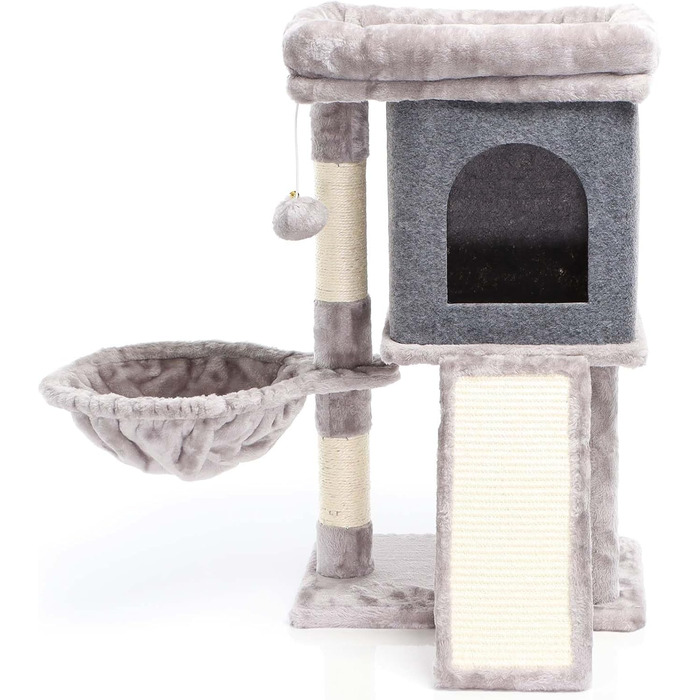 Котячий будиночок-крізьбаум Фудаджо сірого кольору, 71,5 см, з платформою для відпочинку, лежаком, дряпалкою та будиночком для котів