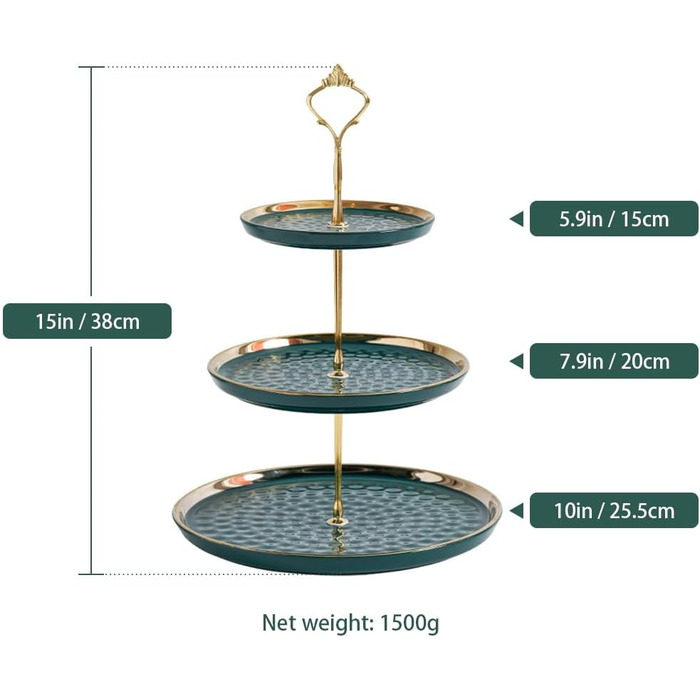 Підставка для капкейків та десертів з кераміки, 3-ярусна, зелена | Підставка для фруктів та тістечок
