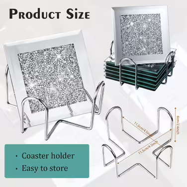 7-Piece Glass Coaster Set, 6 Square Crystal Coasters with Holder for Drinks, Silver, Glitter, Table, Bar Accessories