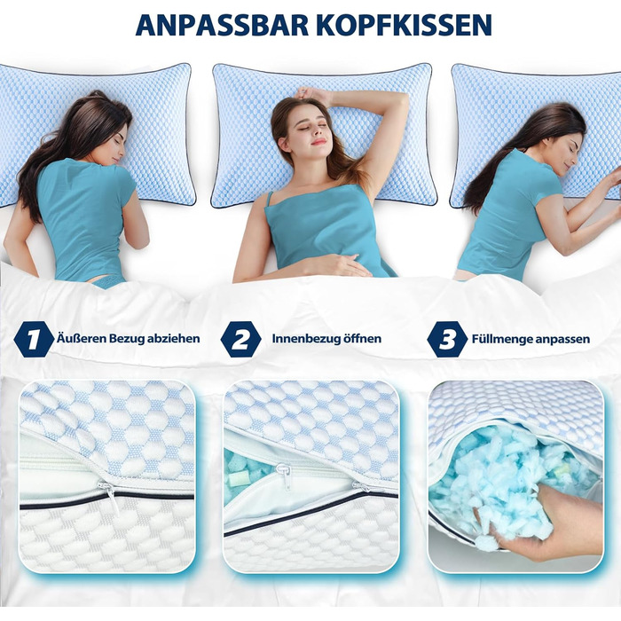 Подушка з піни Memory Foam для сну: охолоджуюча, ергономічна для бокових, спинних та тих, хто спить на животі (40x80 см, блакитно-сіра)