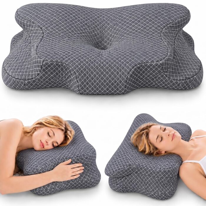 Ергономічна подушка для шиї Flowen з ефектом пам'яті (Memory Foam) від болю в шиї та хропіння, універсальна для будь-якої пози сну, темно-сіра