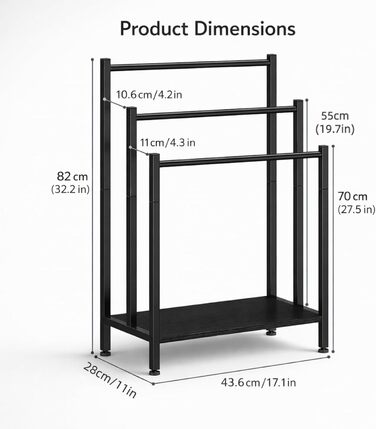 Підставка для рушників підлогова металева, рушниківець freestanding на 3 стріжні, чорний — для ванної кімнати, вітальні та спальні