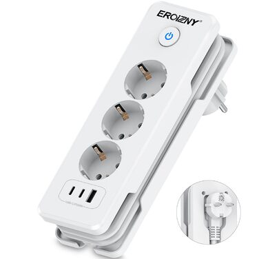 Мережевий адаптер з 2 USB-C (PD 20W) та 1 USB-A, 3 розетки з вимикачем, захист від перенапруги, компактний, для подорожей, 1,5м кабель. Мережева планка з 3 USB-портами