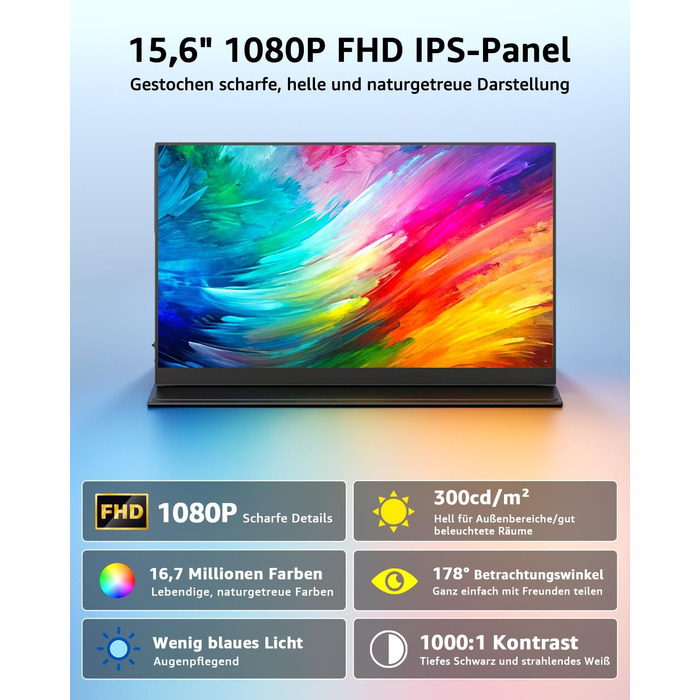 Портативний монітор Yodoit 15.6 дюймів: IPS дисплей FHD 1920x1080, USB-C та HDMI, вбудовані динаміки, захист зору для ПК, ноутбука, Xbox, PS3/4/5, Switch та TV. Чорний колір