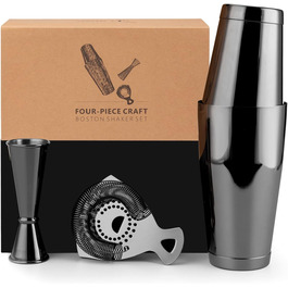 Boston Shaker Set - 4-Piece Cocktail Shaker Kit with 18/28 oz Boston Shaker Stainless Steel, Hawthorne Strainer, and Jigger, in a Stylish Gift Box - Ideal for Home Bar Use (Black).