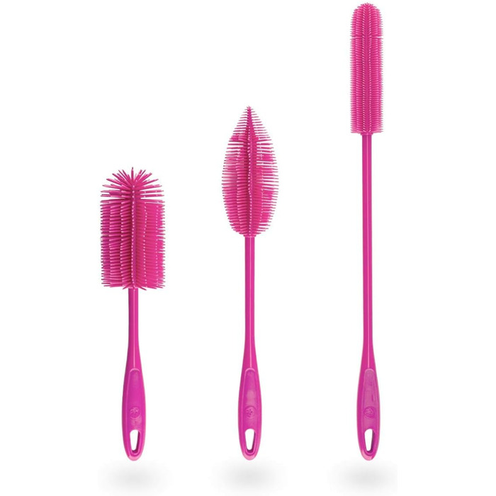 Kochblume Silicone Brush Set of 3 with Interchangeable Heads | Bottle Brush, Dish Brush, Antibacterial, Germ-Free (Pink)