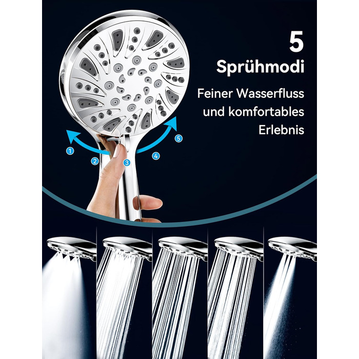 Насадка для душу Magichome з шлангом 2м, високого тиску, 5 режимів розпилення, турбо-дизайн, економна водозбереження, ручна лійка для душу з низьким тиском води (срібна з шлангом)