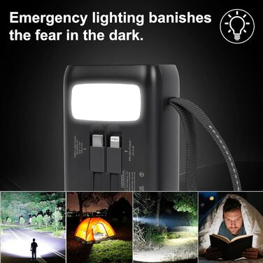 Power Bank 60000mAh 22.5W з LED-ліхтариком та вбудованим кабелем. Швидка зарядка USB-C, сумісний з iPhone, iPad, планшетами. Чорний