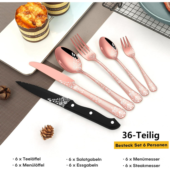 36-Piece Rose Gold Flatware Set for 6 People, HONKKU Stainless Steel Cutlery Set with Steak Knives, Polished Mirror Finish Cutlery Set with Floral Patterns, Fork Spoon Knife Set Dishwasher Safe