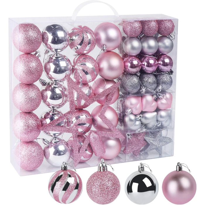 Набір прикрас для ялинки Agoer 100 шт. - блакитні, рожеві та срібні кульки з блискітками, пластик
