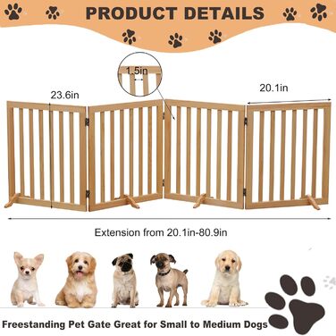 Дерев'яне переносне огорожа для тварин, складаний загін для собак, натуральне дерево, огорожа для собак на сходи, висувна огорожа для дверей, огорожа для собак, висота 60 см, 4 панелі