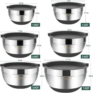 Mixing bowls with airtight lids, set of 6, stainless steel, stackable metal storage bowls, non-slip bottom, sizes 7, 3.5, and 1 QT, ideal for mixing and serving (gray)