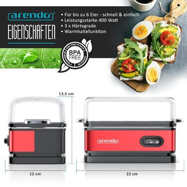 Електричний яйцеварка Arendo з нержавіючої сталі з підігрівом, регулюванням ступеня готовності та індикатором, червоний
