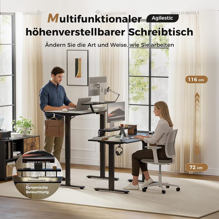 Електричний регульований стіл Agilestic з підсвічуванням, USB-портом та рухомим кріпленням для монітора, 140 x 60 см (Чорний)