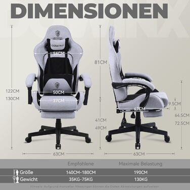 Ігровий крісло Dowinx з підголівником та підставкою для ніг, тканинне, з масажем, чорно-сірий, ергономічне, для офісу та геймінгу