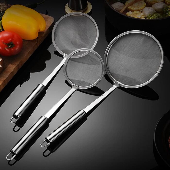 Набір з 3 шт. кельїв для зняття піни з нержавіючої сталі, високоякісні, фільтрувальні ложки, сито з дрібною сіткою, набір для кухні, 3 розміри, для зняття жиру та піни