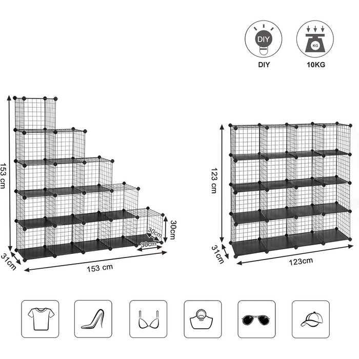 SONGMICS Storage Cubes, 16 Cube Storage System from Metal Wire, DIY, Modular Grid Shelf, with Wire Frame, Black LPI44H