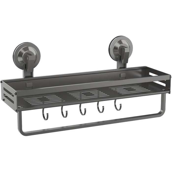 Поличка для душу Onemake з присосками, регульована, з гачками, органайзер для ванної кімнати з тримачем для рушників, матовий чорний (40 см, 1 шт.)