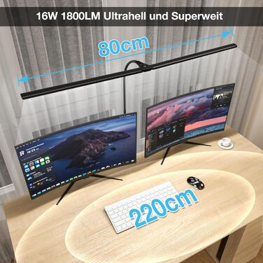 Світлодіодна лампа настільна для офісу та дому, світло для монітора, 1400 люмен, регульована яскравість, кріплення-затискач, лампа для робочого місця, гусяча шия, подвійний насадки, 5 режимів кольору та рівнів яскравості, білий колір (чорний, 80 см)