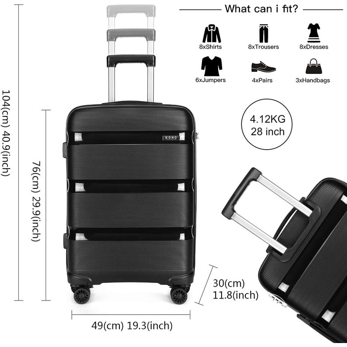 Чохол-валіза KONO 76см з TSA замком та 4 колесами. Валіза з поліпропілену, 100 літрів (Чорний, XL)