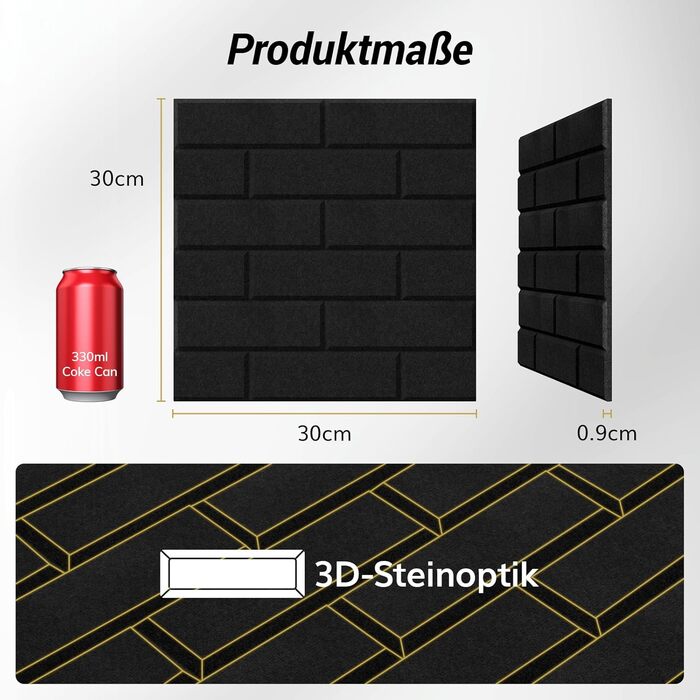 Акустичні панелі TONOR у вигляді цегли, самоклеючі шумопоглинаючі плити для стін (18 шт, 30x30x0,9 см), чорні — для звукоізоляції та декору кімнати