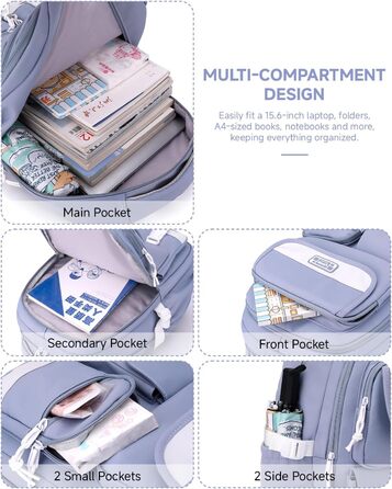 Рюкзак для підлітка, шкільний рюкзак для дівчинки з багатьма відділеннями, рюкзак для учнів 3-5 класів, середньої та старшої школи, нейлоновий рюкзак для подорожей та відпочинку, блакитний