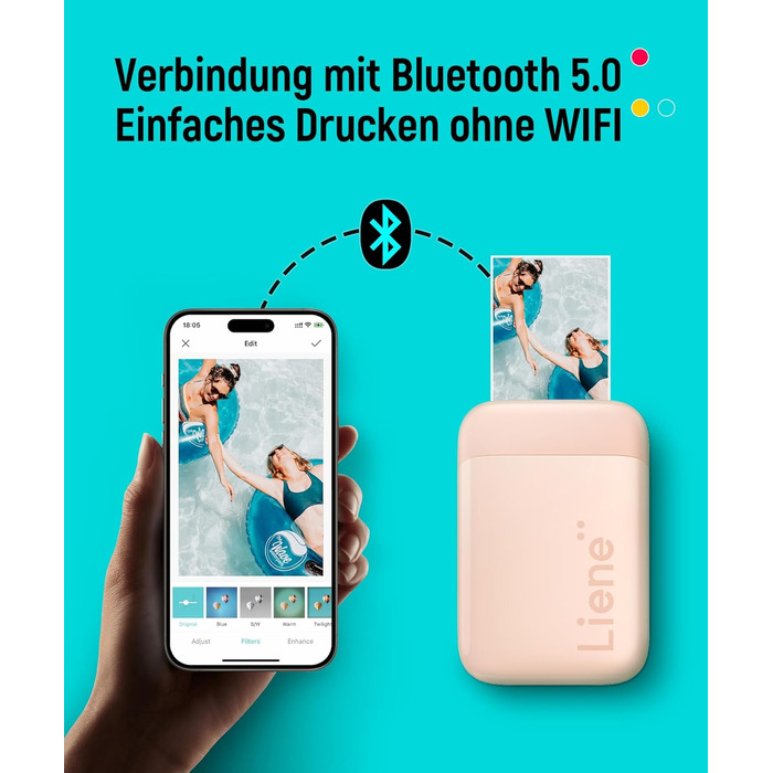 Портативний фотодрук Liene Pearl K100 з 50 аркушами Zink паперу, Bluetooth 5.0, для iOS & Android, рожевий