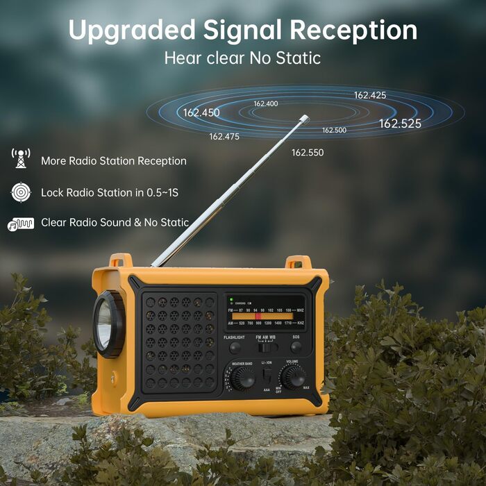 Радіо NOAA для надзвичайних ситуацій, 12000 мАг/44400 мВт-год, портативне AM/FM з сонячною/ручною/USB-підзарядкою, SOS-сигналом для дому та вулиці (жовте)