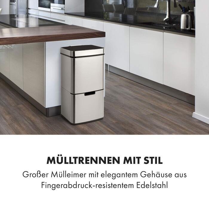 Сенсорний сміттєвий бак Klarstein Touchless, 72 л, 4 контейнери (43л + 2x12.5л), автоматичне відкриття та закриття, сріблястий