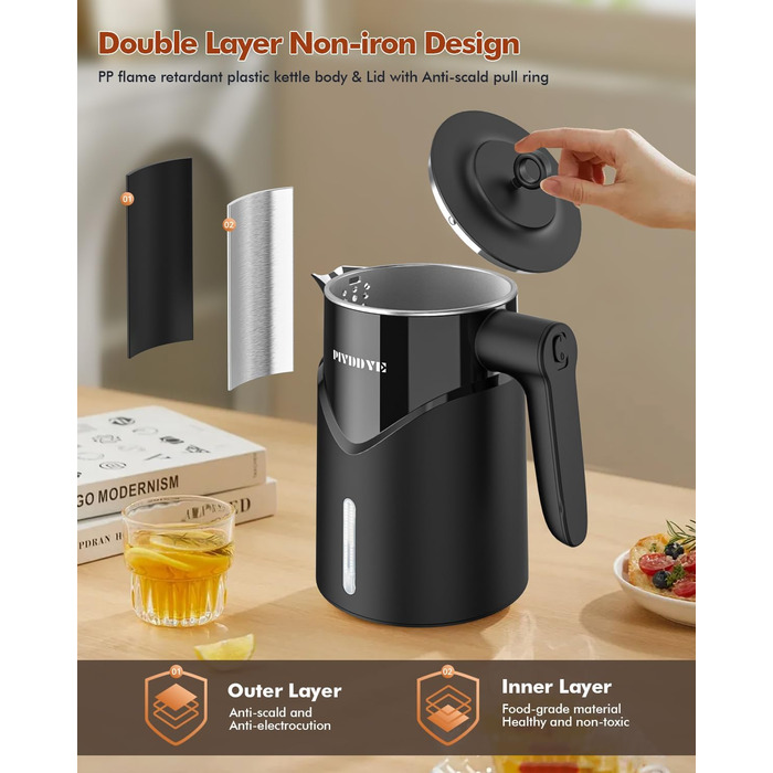 Електричний чайник з нержавіючої сталі 2200W з швидким нагріванням, автоматичним вимкненням, захистом від сухого кипіння, 1.7L, без BPA, без контакту з пластиком, тихий, чорний