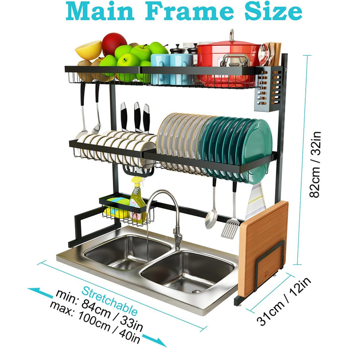 Сушарка для посуду на мийку, 3-ярусна, нержавіюча сталь, регульована (84-102 см), велика сушарка для стільниці (чорна)